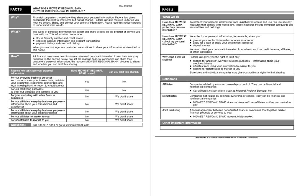Two-page information sheet from Midwest Regional Bank explaining why and how they share personal information, with tables of sharing practices and questions to customers for contact details on page 1–2 and page 2 headings like What we do and Definitions (informational image).